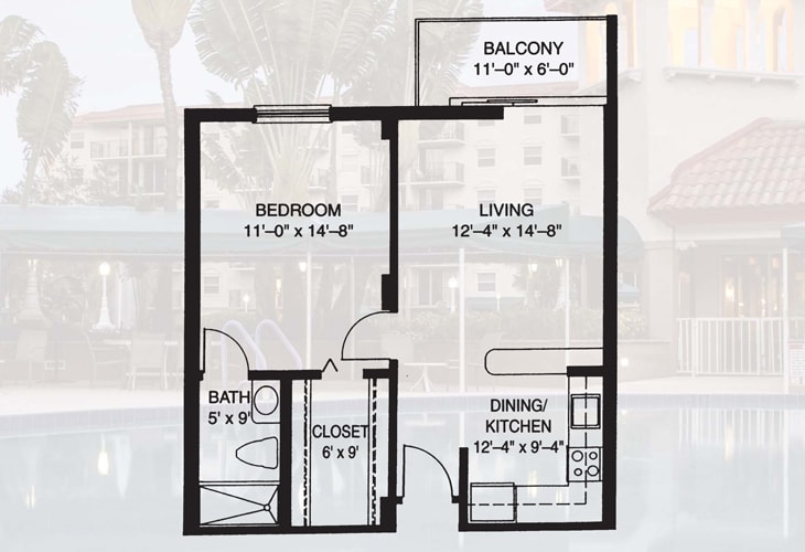 A floor plan of a one-bedroom apartment with dimensions, featuring a living room, kitchen/dining area, bathroom, closet, and balcony.