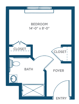 A floor plan of an apartment featuring a bedroom, bathroom, and closets.