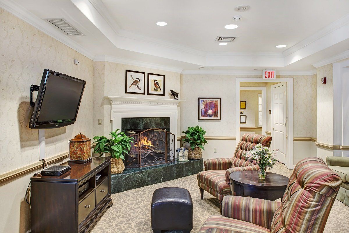 A cozy living room with a fireplace, comfortable seating, and decorative plants.