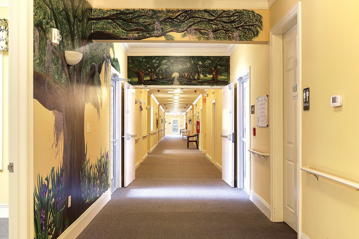 A brightly lit hallway adorned with nature-themed murals on the walls.