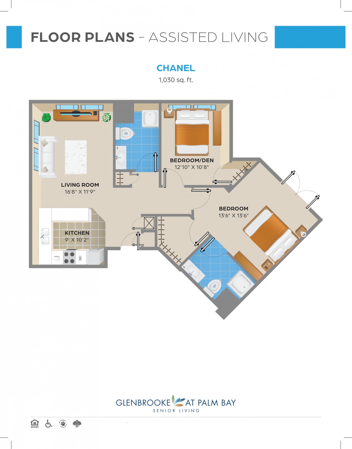 A floor plan of a two-bedroom apartment featuring a living room, kitchen, and bathroom.