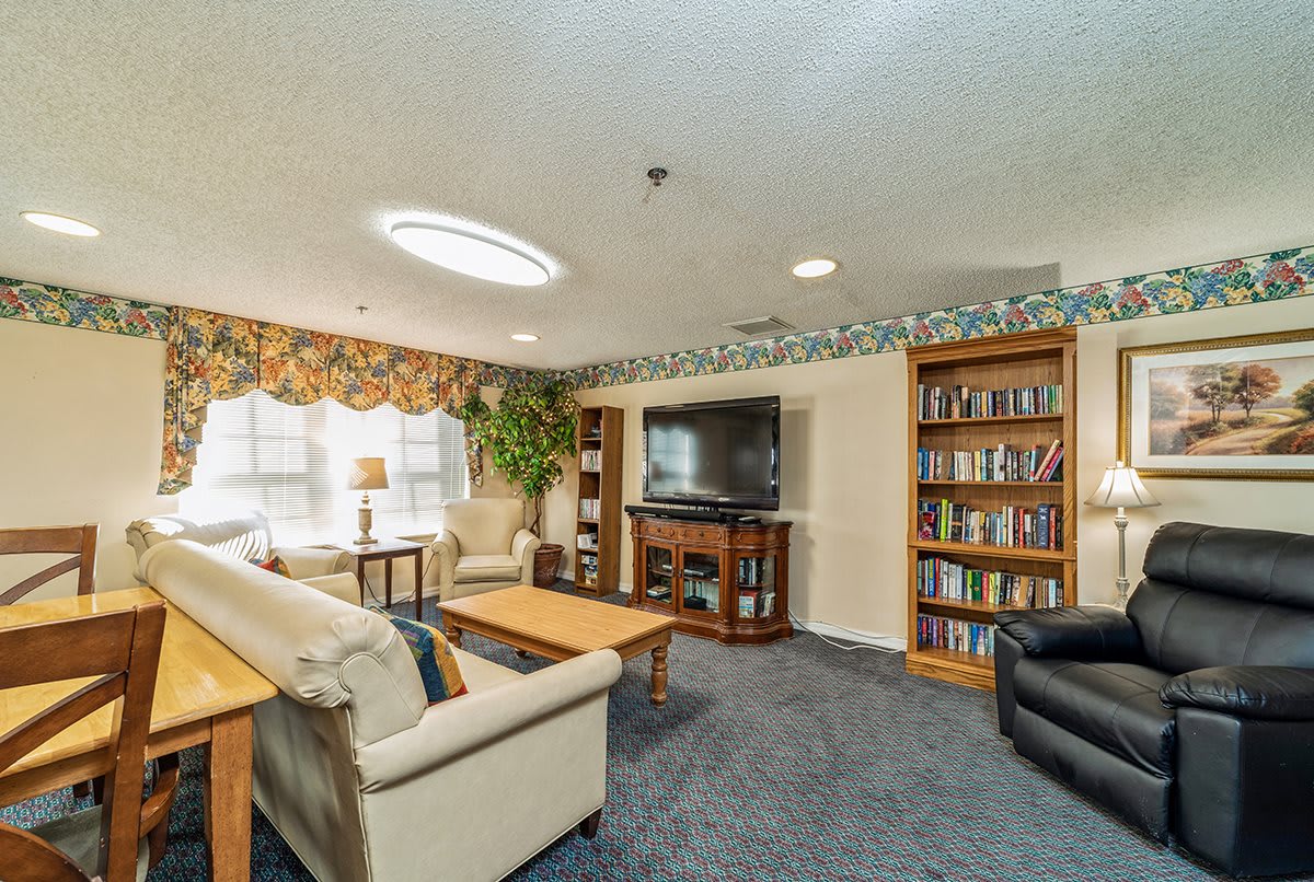 A cozy living room featuring comfortable sofas, a large television, bookshelves filled with books, and natural light streaming through the windows.