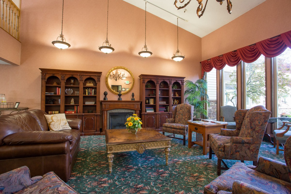 A cozy living room with bookshelves, a fireplace, and comfortable seating.