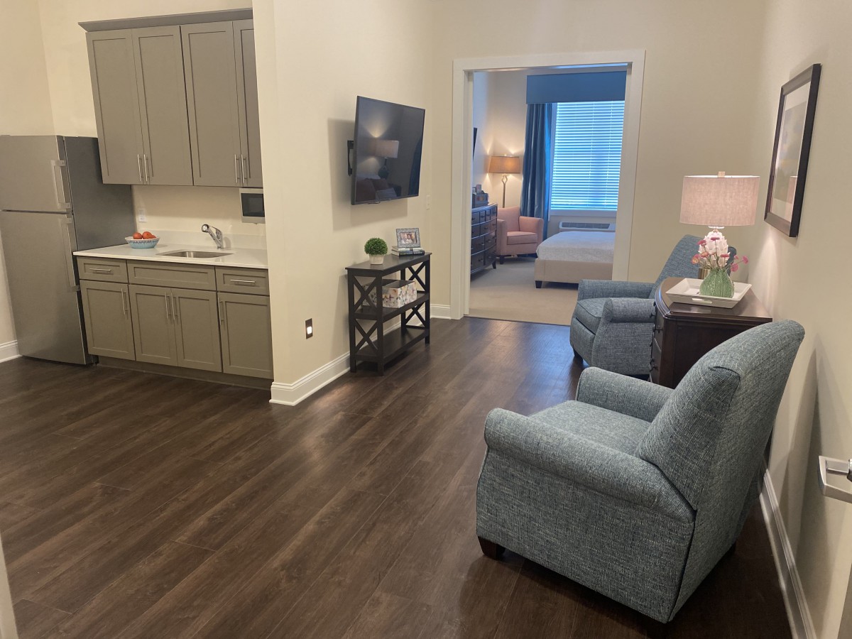 A modern living area with a television, armchairs, and adjoining kitchen.