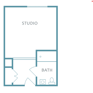 Floor plan of a studio apartment with a bathroom.