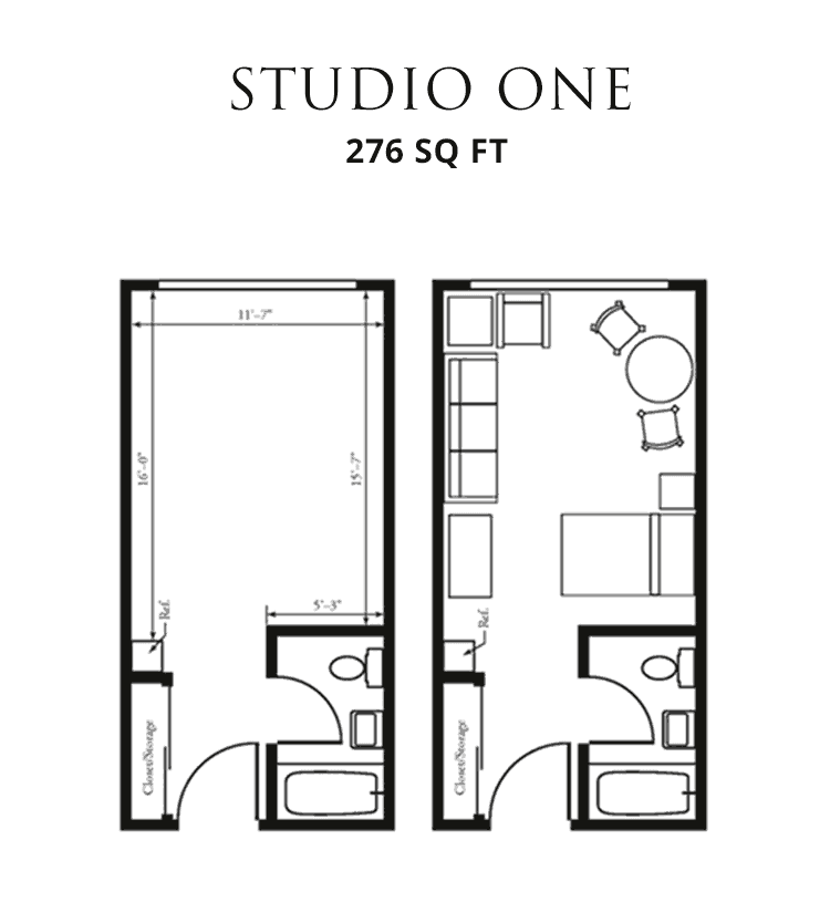Studio One - 276 square feet layout with basic amenities.