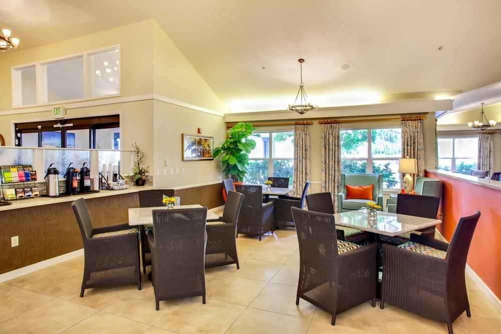 A modern dining area with wicker chairs, large windows, and indoor plants providing a cozy atmosphere.