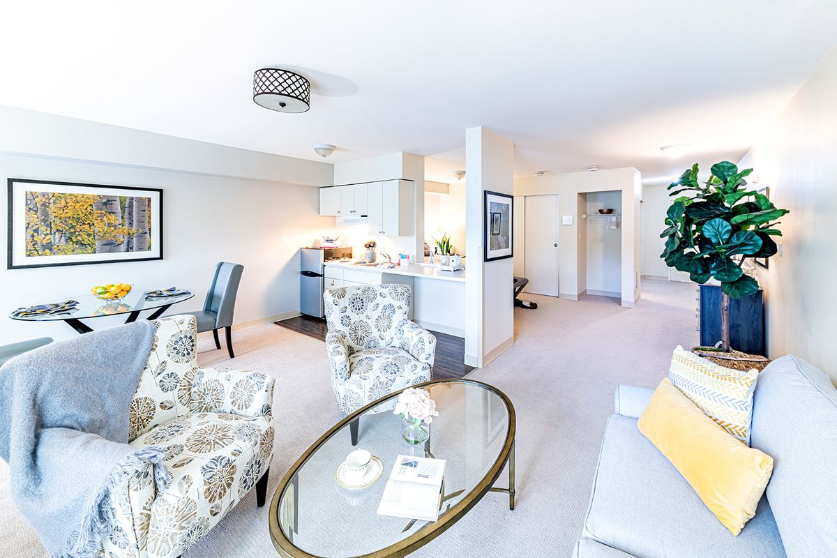 A bright and modern open living area with stylish furniture and decor.