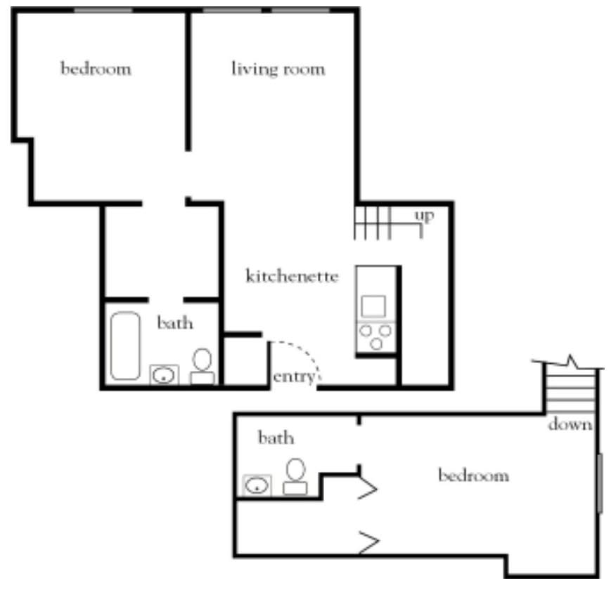 A simple floor plan showing the layout of a building with annotated rooms.