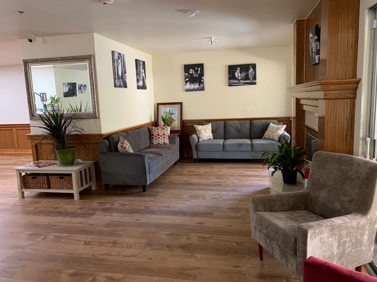 A cozy living room with two sofas, decorative pillows, and plants near a fireplace.