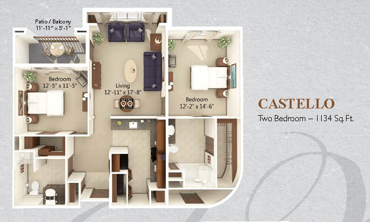 A detailed two-bedroom apartment floor plan showcasing the layout and furniture placement.
