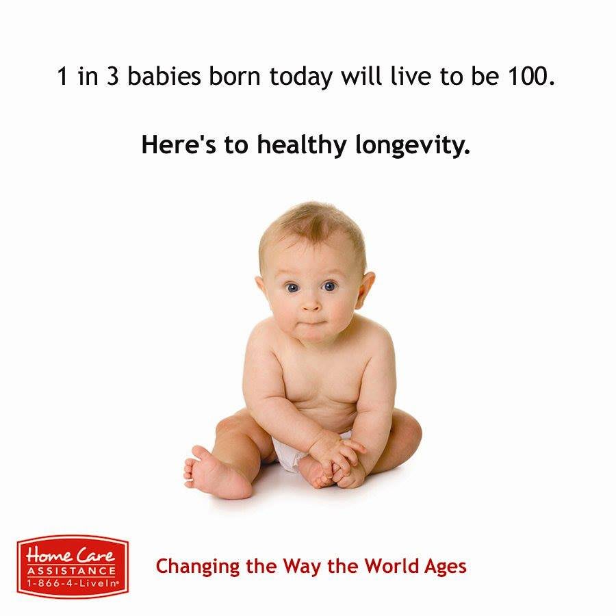 A baby symbolizes longevity with text stating that 1 in 3 babies born today will live to be 100.