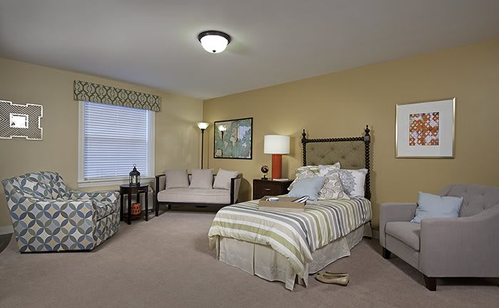 A cozy bedroom interior with a bed, sofa, lamps, and carpet.