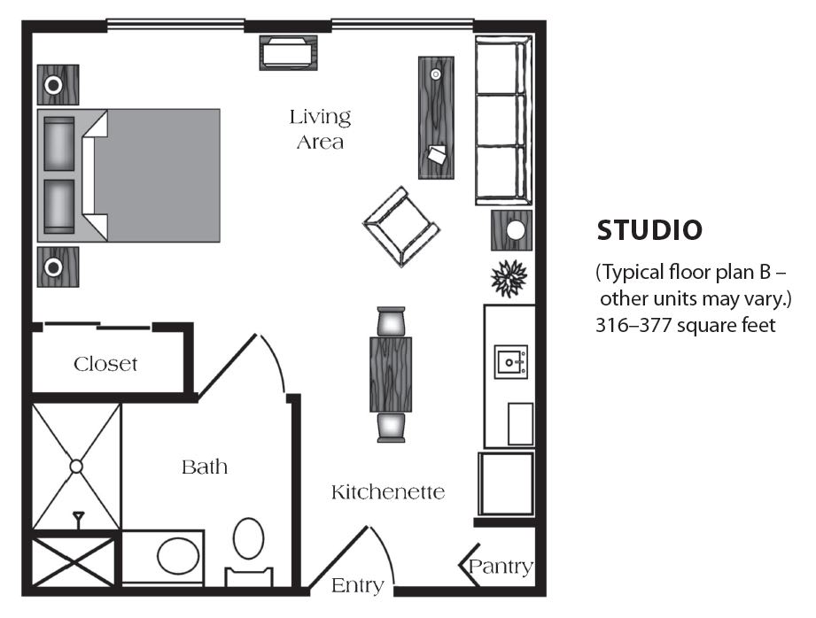 Floor plan layout of a studio apartment with typical dimensions of 316-377 square feet, featuring areas like living, kitchen, bath, and closet.