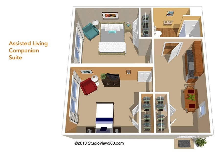 A 2D floor plan of a small apartment featuring a bedroom, living room, kitchen, and bathroom.