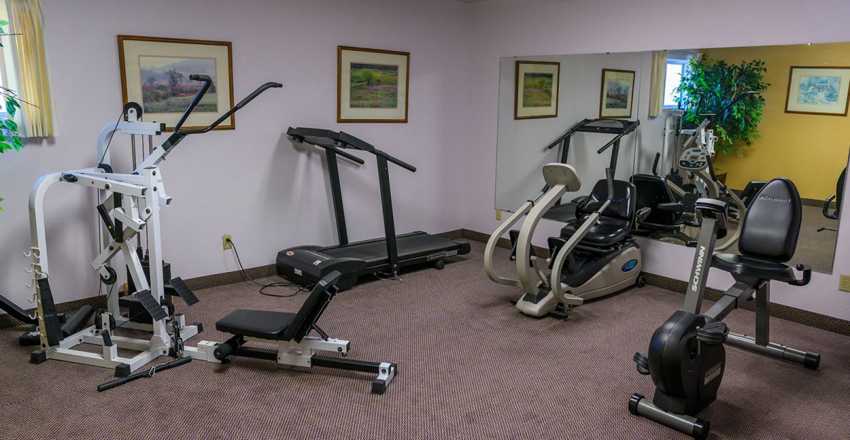 A small gym room with treadmills and exercise equipment.