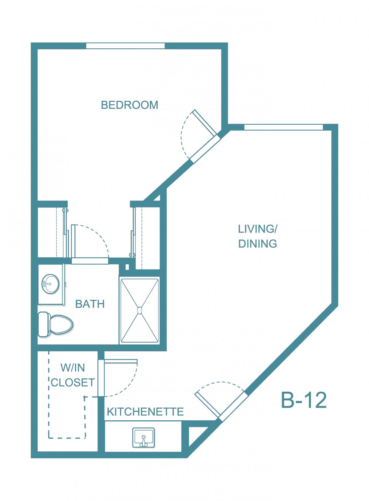 Floor plan of a one-bedroom apartment with kitchenette and living/dining area.