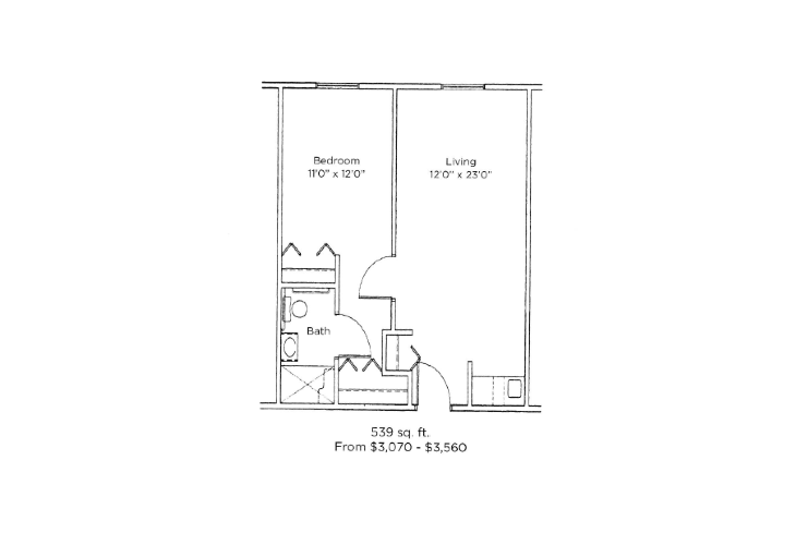A simple floor plan of a one-bedroom apartment with living room, kitchen, and bathroom.