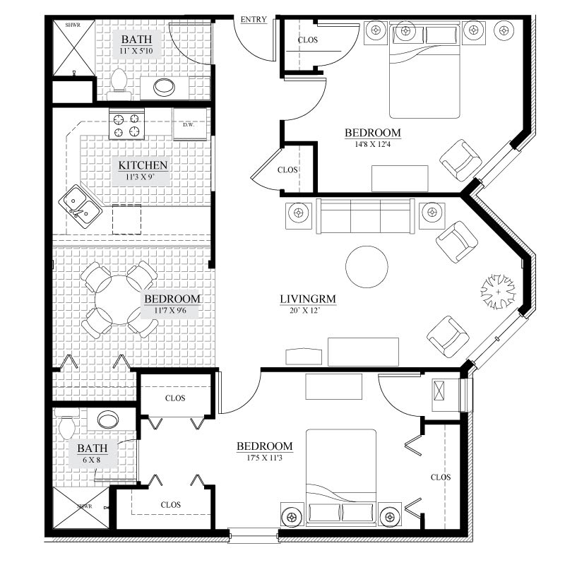 A detailed floor plan of an apartment showing various rooms including the living room, kitchen, bedrooms, and bathrooms.