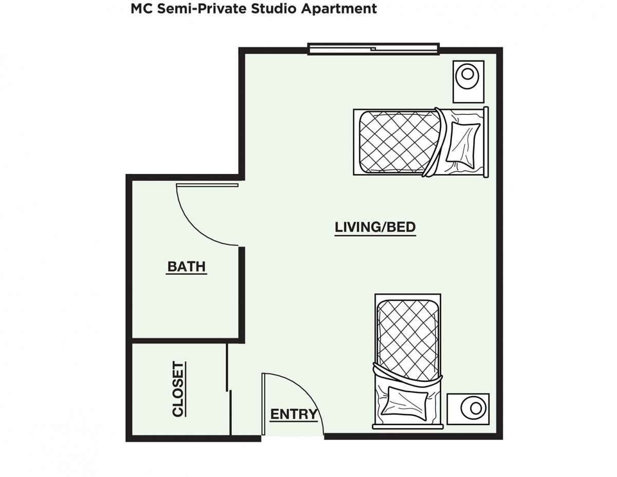 Floor plan of a semi-private studio apartment with labeled living/bed area, bath, closet, and entry.