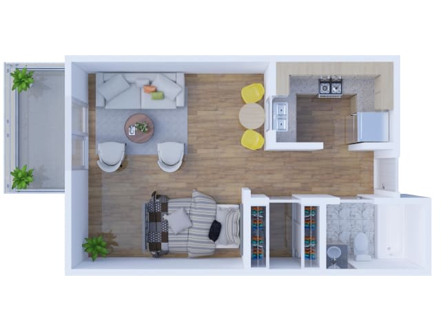 A top-down view of a modern apartment floor plan featuring a living room and kitchen area.