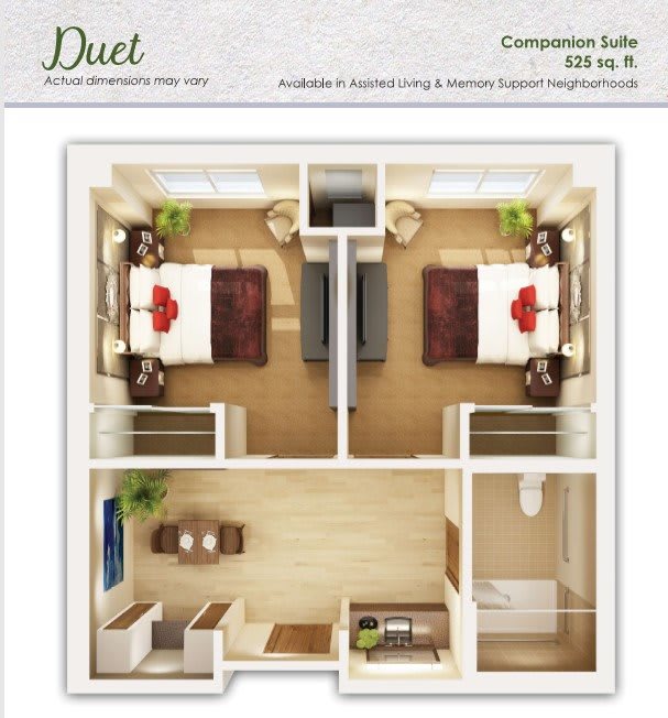 Companion Suite Floor Plan with Two Bedrooms and Shared Living Space
