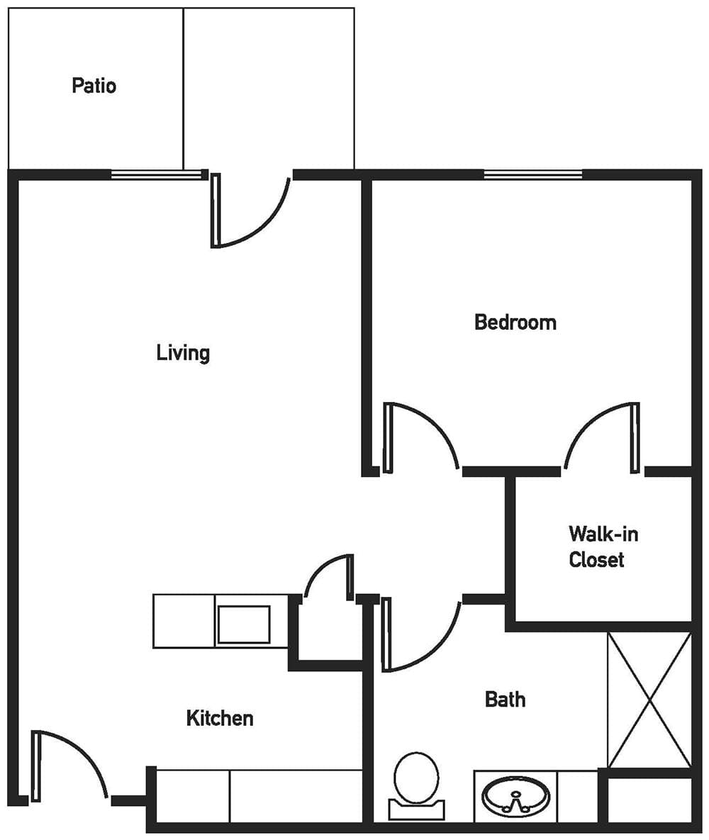 A floor plan of a one-bedroom apartment featuring a walk-in closet, kitchen, bathroom, living room, and patio.