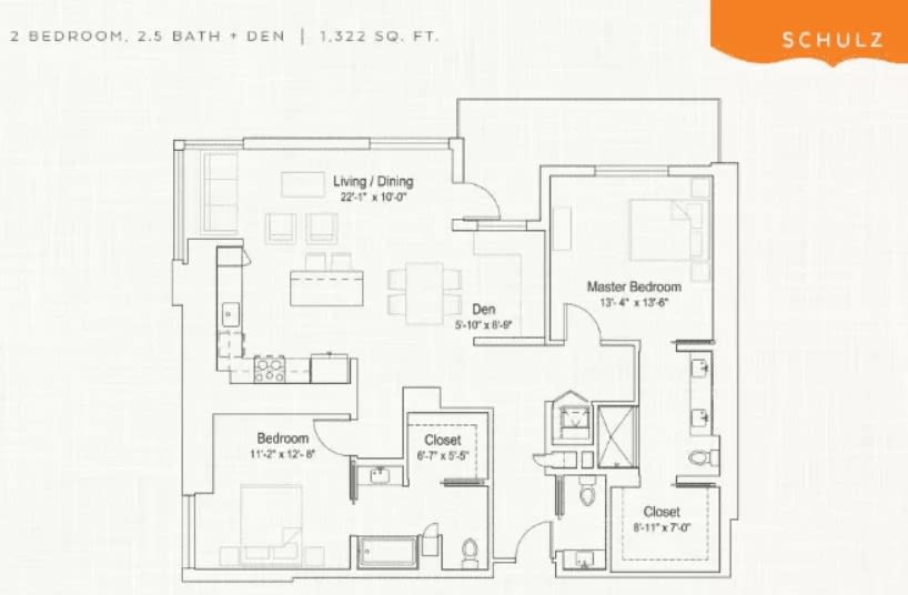A floor plan of a two-bedroom apartment featuring a living and dining area, kitchen, master bedroom with bathroom, second bedroom, and closet space.