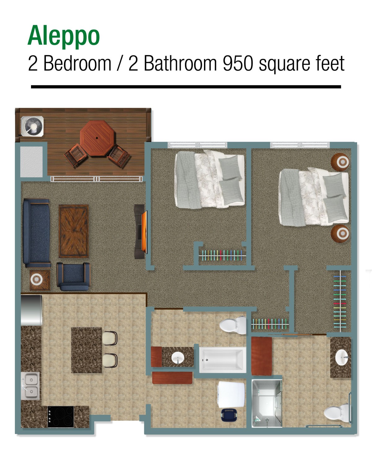 This image shows a floor plan for a 2-bedroom, 2-bathroom apartment measuring 950 square feet.