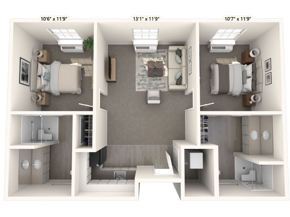 This is a floor plan of a two-bedroom apartment featuring a central living area, kitchen, and bathrooms.