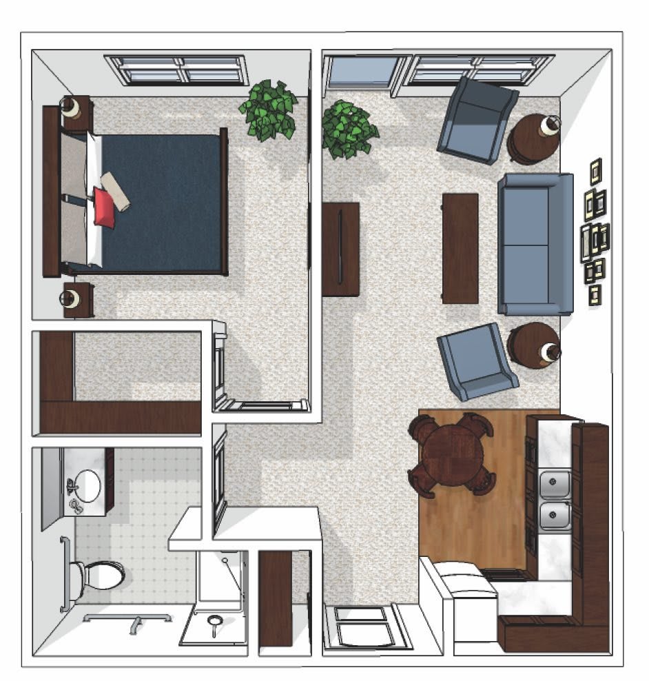 A one-bedroom apartment floor plan featuring a living room, kitchen, and bathroom.