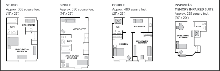 Floor plans of studio and double apartments, featuring approximate square footage and room layouts.
