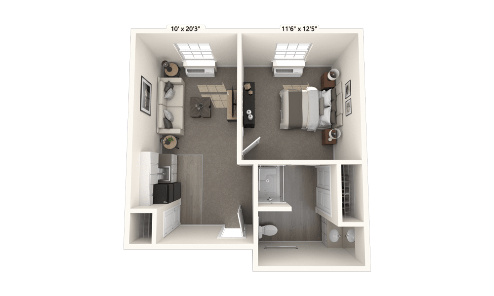 A 3D floor plan of a compact one-bedroom apartment featuring a living room, kitchen, bathroom, and bedroom.