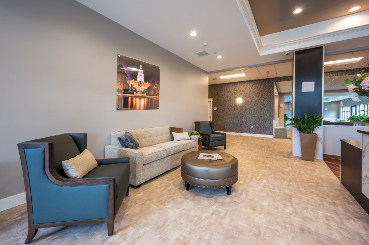 A modern lobby with comfortable seating and elegant decor.