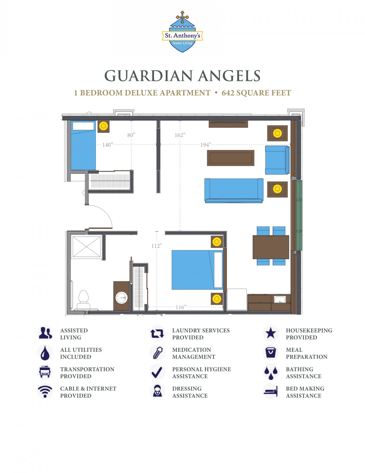 Floor plan of a Guardian Angels dormitory-style apartment with labeled rooms and features.
