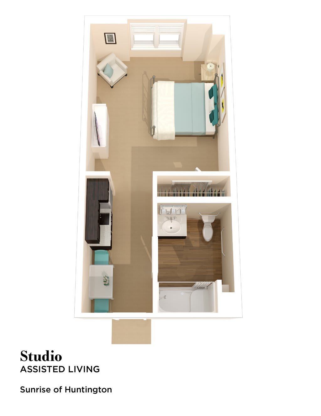 A floor plan of a compact studio apartment featuring a bedroom, kitchen, and bathroom.