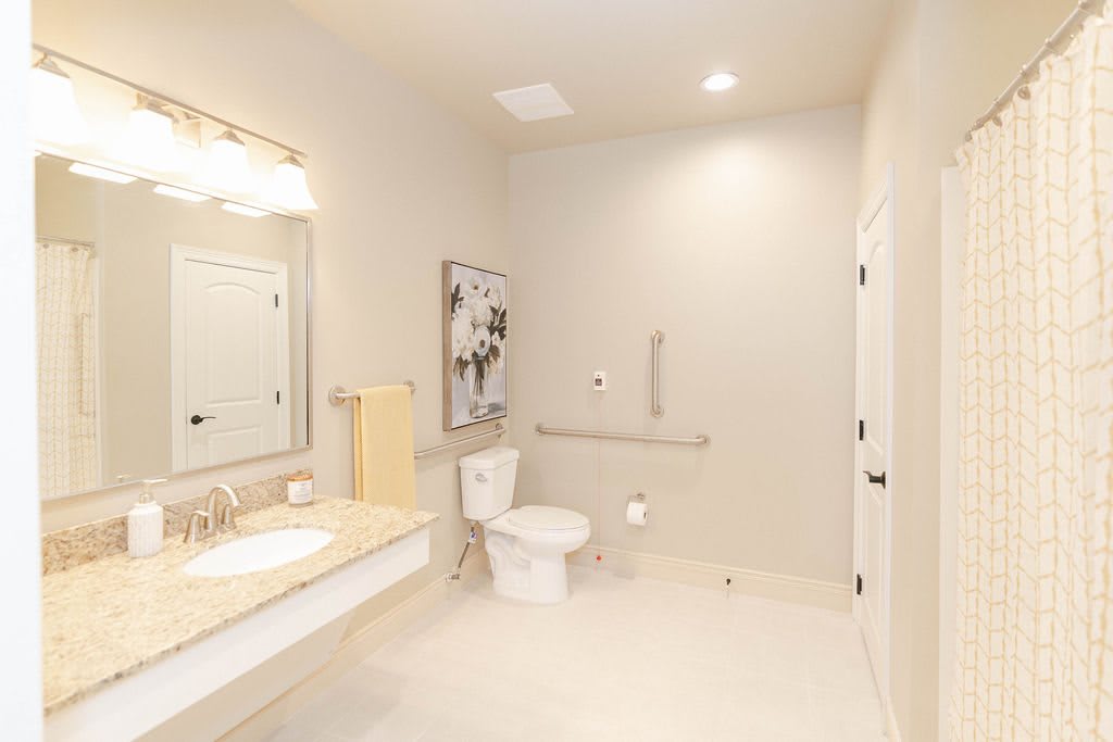 Spacious bathroom with modern amenities and accessibility features.