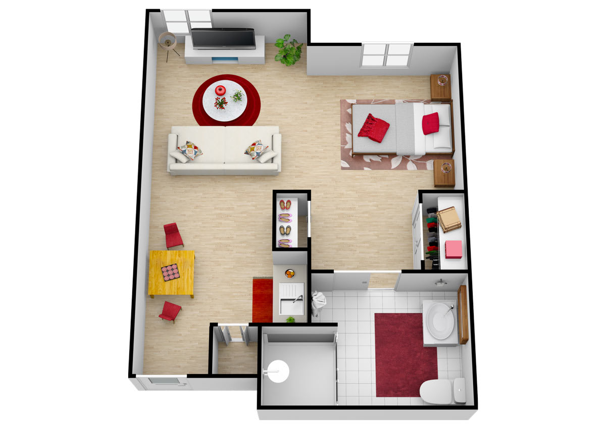 A 3D floor plan of a one-bedroom apartment featuring a living room, kitchen, and bathroom.