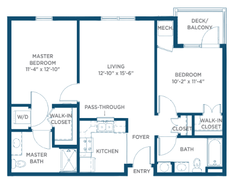 A floor plan of a two-bedroom apartment featuring a master bedroom with en-suite, living room, kitchen, and balcony.