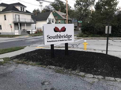 A sign indicating the Southbridge location in a residential area.