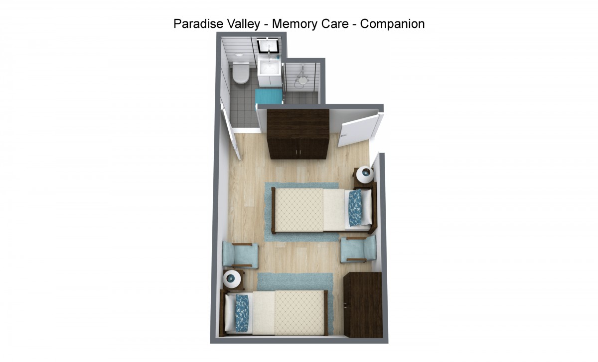 3D floor plan of a companion room in Paradise Valley Memory Care facility.