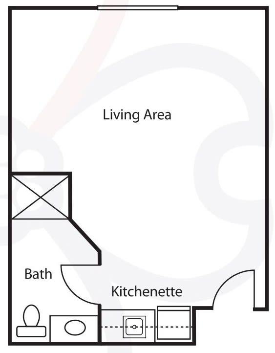 A floor plan of a studio apartment featuring a living area, bathroom, and kitchenette.