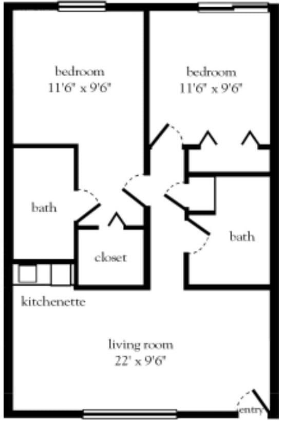 Two-bedroom apartment floor plan with bath, kitchenette, closet, and living room.