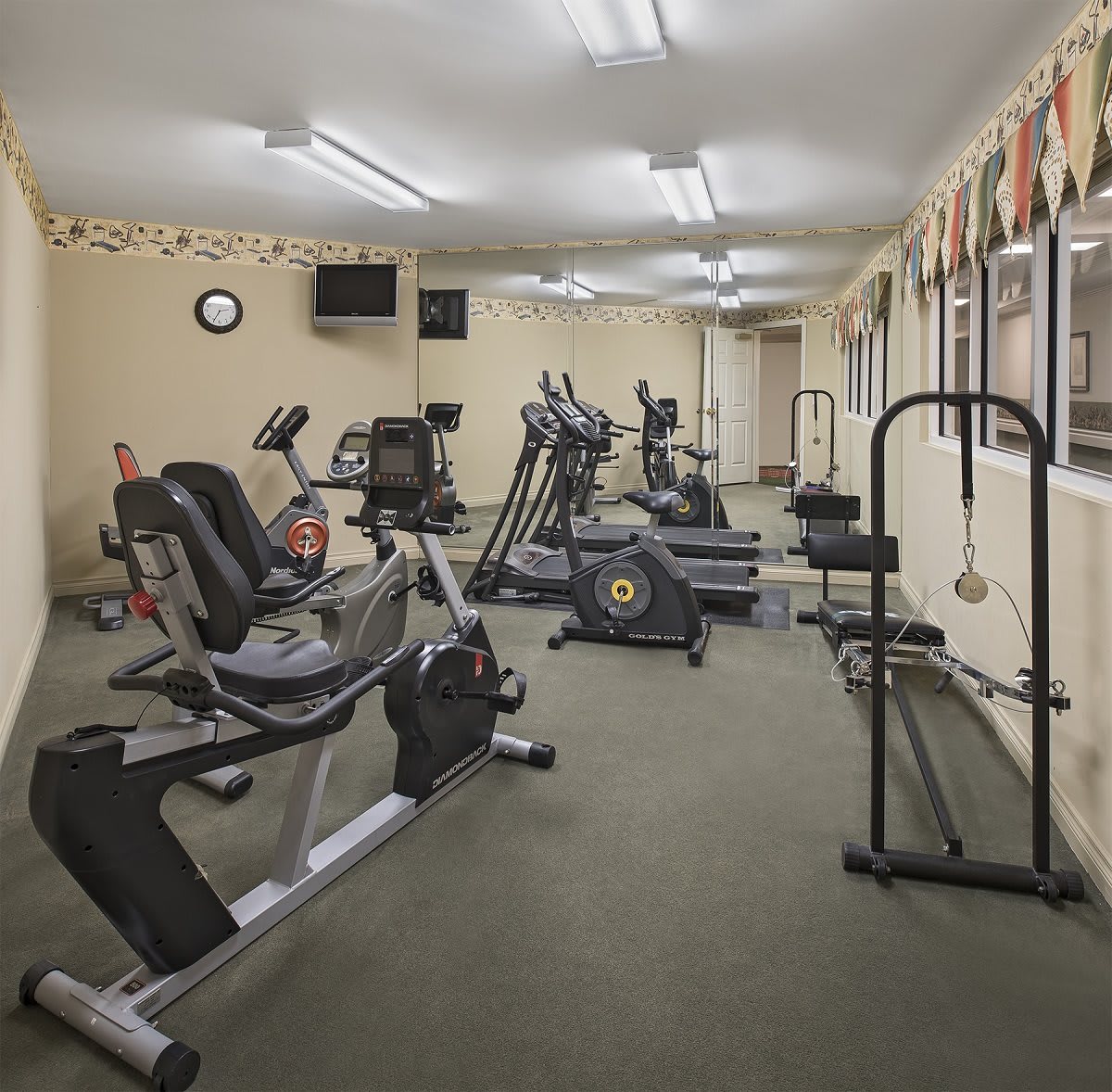A well-equipped indoor gym with various exercise machines, including treadmills and stationary bikes.