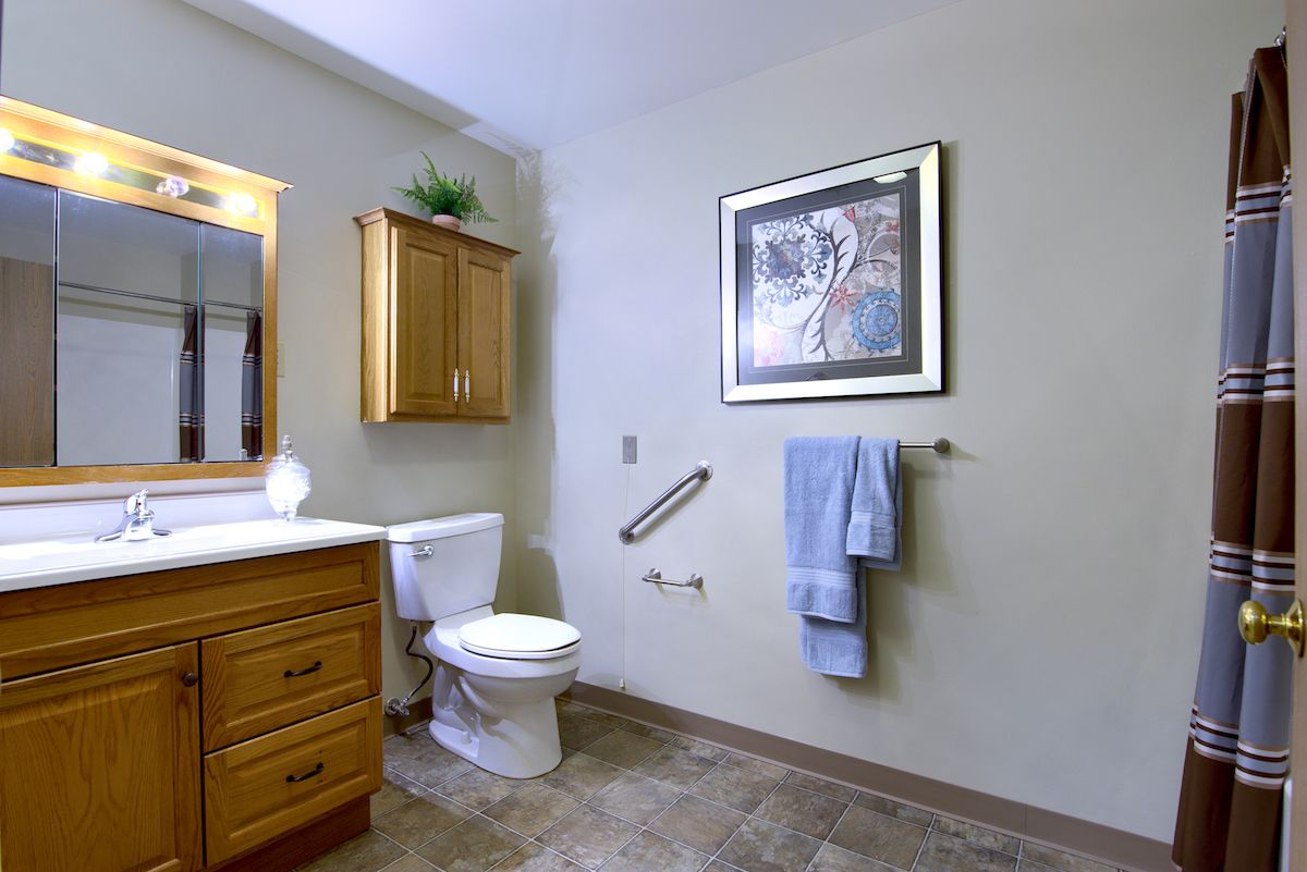 A clean and spacious bathroom with a toilet, wooden cabinet, towel rack, and framed picture on the wall.
