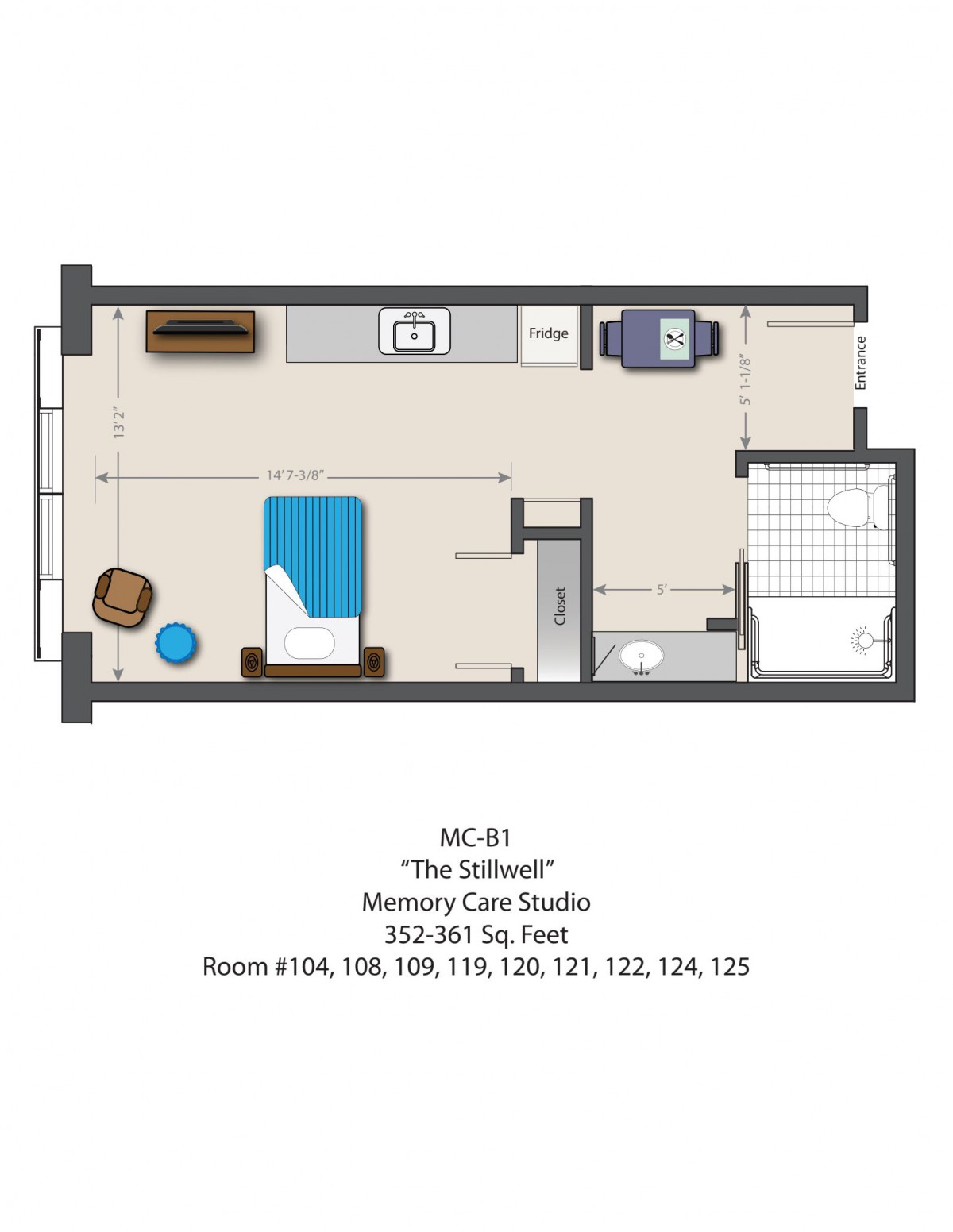 Floor plan of 'The Studio' memory care suite showing room layout and dimensions.