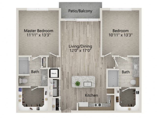 A floor plan of a two-bedroom, two-bathroom apartment with a living/dining area and a kitchen. It also features a patio/balcony.