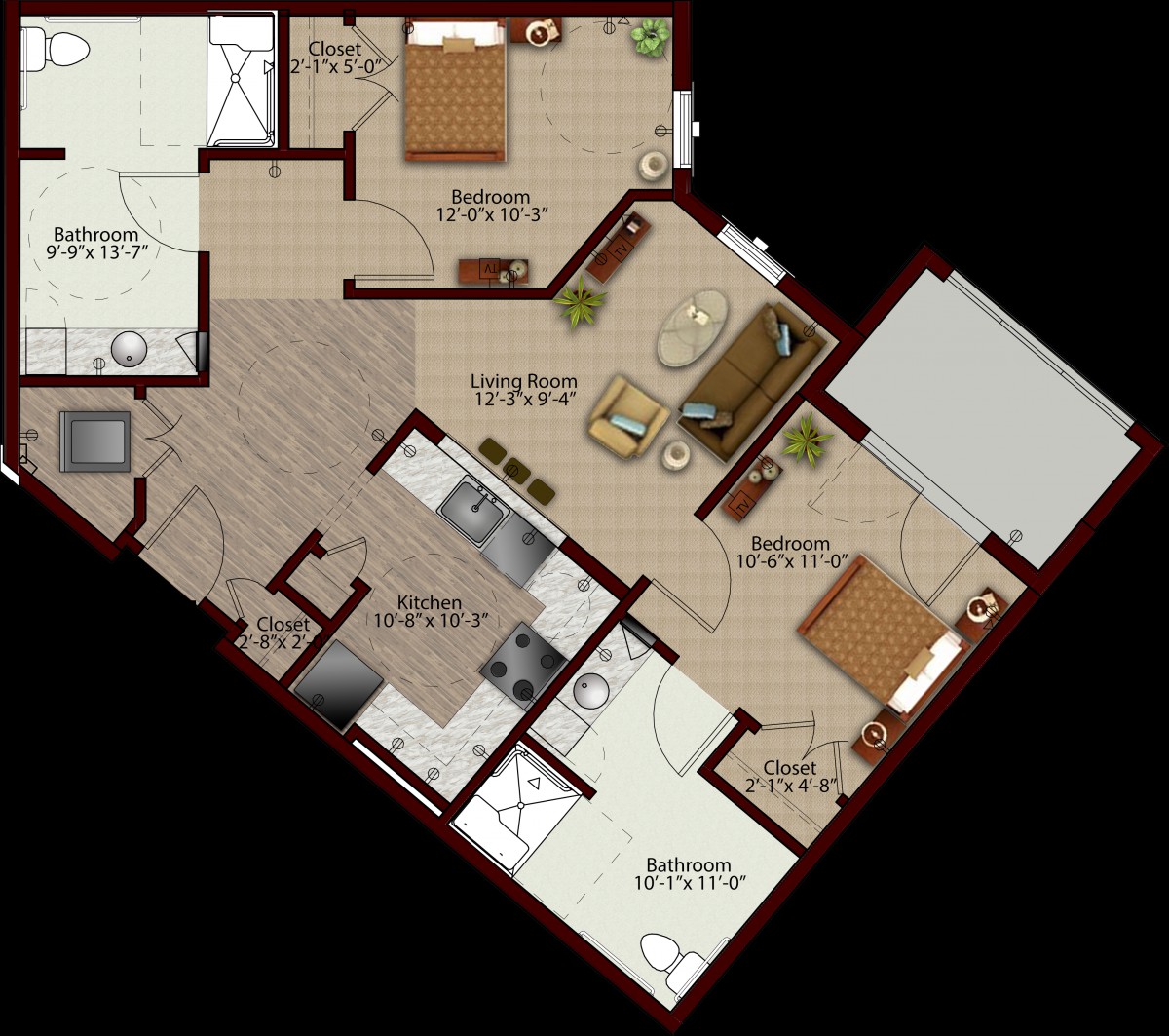 A detailed floor plan of an apartment featuring multiple rooms, including bedrooms, bathrooms, a kitchen, and a living area.