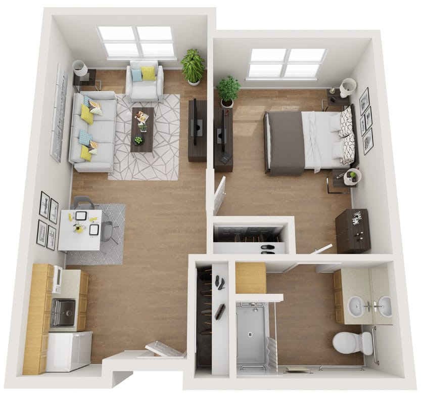 A modern one-bedroom apartment floor plan showcasing a living room, kitchen, bedroom, and bathroom.