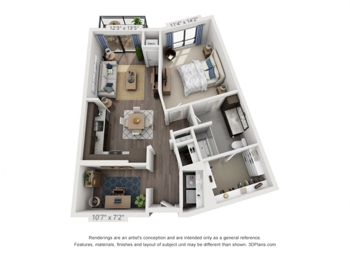 A detailed 3D floor plan of a modern apartment showcasing a living room, bedroom, bathroom, and kitchen layout.